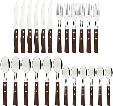 Tramontina TRADICIONAL Cutlery Set for 6 Persons, 24-Piece, Steak Cutlery, Serrated Steak Knives, Dinner Forks, Dinner Spoons, Coffee Spoons, Natural Wood Handles