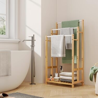 Підставка для рушників Dripex з бамбука, 96 см, з 3 нержавіючими стійками та полицею для ванної кімнати