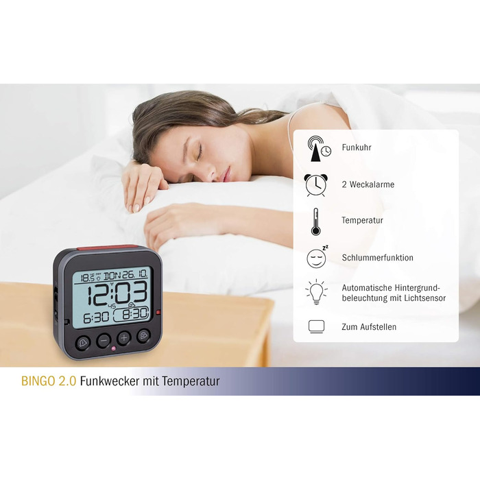 TFA Dostmann Bingo 2.0 Digital Radio Alarm Clock with Temperature Display, Plastic, Black, (L) 95 x (W) 41 x (H) 96 mm