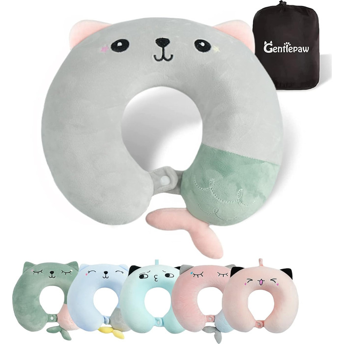 Дитяче подушечка для шиї з меморі-піною, U-подібна подушка для подорожей (літак, авто, поїзд), милий дизайн, знімна наволочка (сірий)
