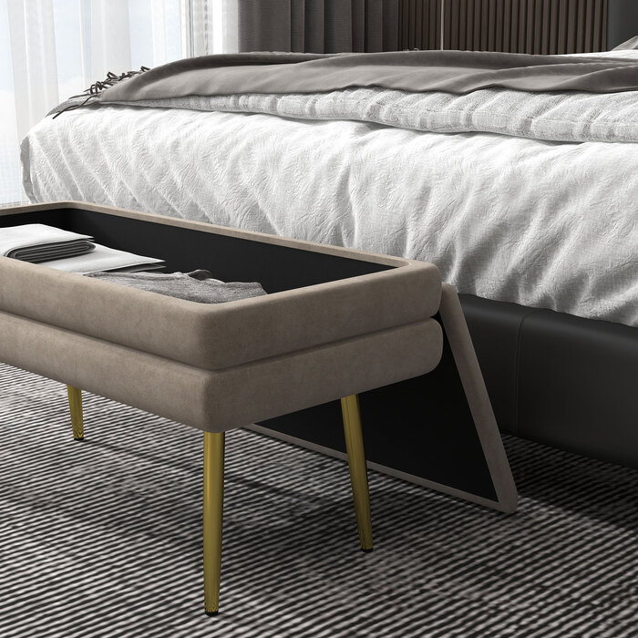 HOMCOM Bench, Upholstered Bench with Storage, Velvet-Look, Bed Bench with Steel Legs, Shoe Bench, Storage Bench for Living Room, Bedroom, Beige, 79.5 x 37.5 x 43 cm | Aosom