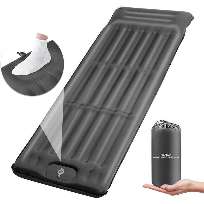 MILFECH Килимок для кемпінгу самонадувний, 14 см, з інтегрованими подушками та насосом для ніг, ультралегкий, водонепроникний, для відпочинку на природі, туризму, зелений (сірий)