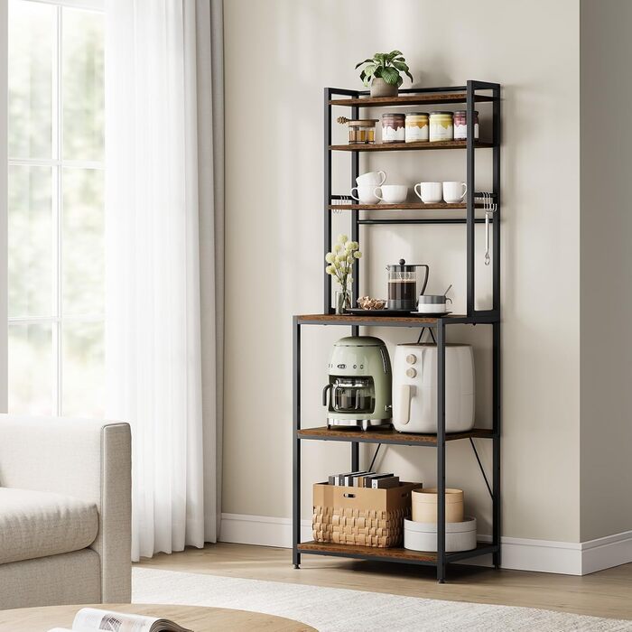 Стелаж кухонний Woltu з 6 полицями, з гачками, з металу та інженерної деревини, 60 x 167 x 40 см, рустичний коричнево-чорний