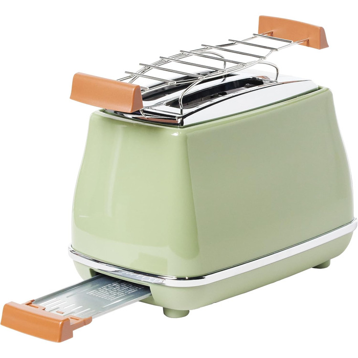Тостер De'Longhi Icona Vintage CTOV 2103.GR Olive Green – 2 слоти, підставка для булок, 6 рівнів підсмажування, функція підігріву та розморожування, з нержавіючої сталі, ретро-дизайн