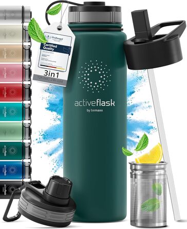 Фляга для води з нержавіючої сталі з трубочкою та інфузером, 3 кришки: BPA-free, не протікає, підходить для газованої води - спортивна фляга, термофляга, ізотермос, для дітей, 680 мл, Темно-бірюзовий