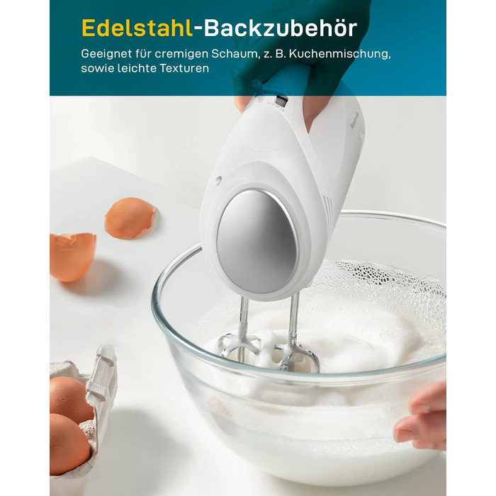 Ручний міксер 350 Вт, 5 швидкостей, з нержавіючої сталі (віночок та гак), ергономічна ручка, довгий кабель, BPA-free – білий KS1 S1
