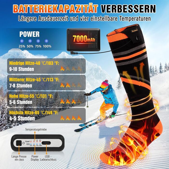 Гріючі шкарпетки для жінок та чоловіків, 7000mAh, 4 режими нагріву, для зимових видів спорту (лижі, піші прогулянки, велоспорт), розмір 36-43