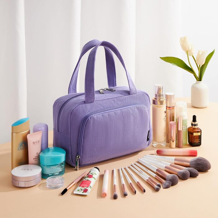 Косметичка велика для жінок Kalidi з багатьма відділеннями та відділенням для пензликів. Косметичний органайзер, сумочка для макіяжу, валізка, фіолетовий колір.