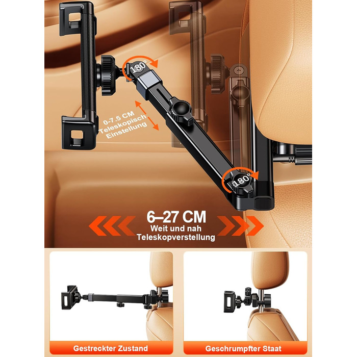 Тримач для планшета в авто: універсальний, висувний, для iPad, iPhone, Samsung, Switch, Kindle, 4-13 дюймів, з гачками, чорний