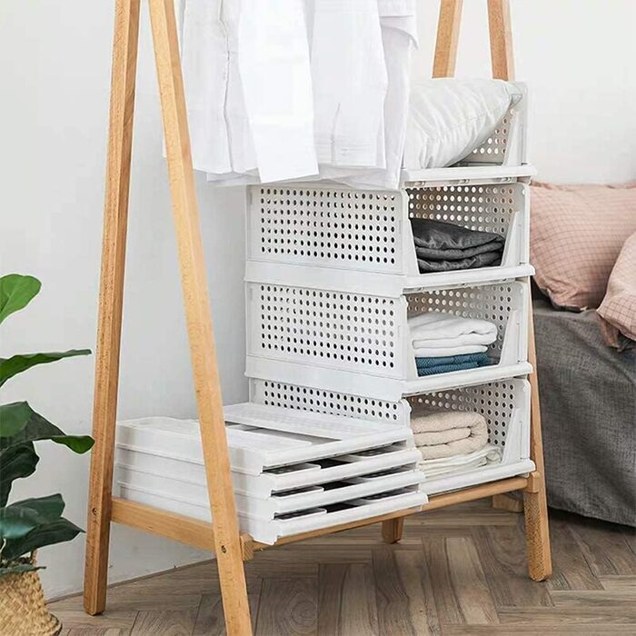 4 Pack Stackable Foldable Closet Storage Box Organizer (Easy Open and Fold), Plastic Closet Shelf Organizer Box, Bedroom, Kitchen (White)