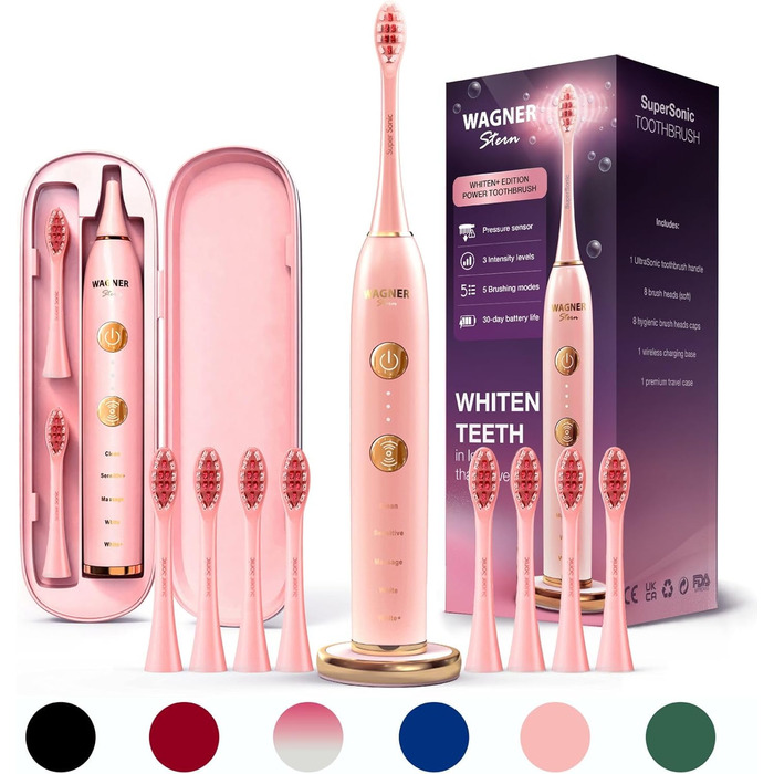 Електрична зубна щітка Wagner Stern WHITEN+ Edition з датчиком тиску. 5 режимів чищення, 3 рівні інтенсивності, 8 насадок, дорожній футляр (Рожевий)