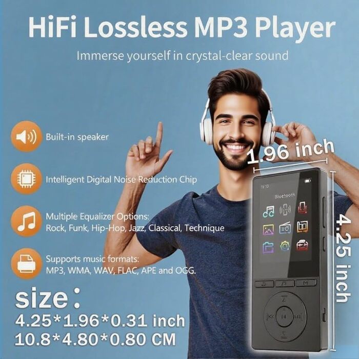 MP3 плеєр 64GB Bluetooth 5.3 з динаміком, HiFi звук, диктофон, E-book, чорний