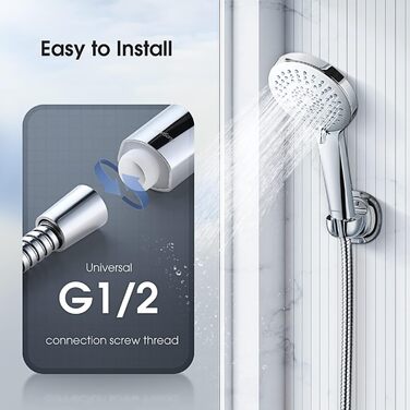 Showerhead Set, 3 Functions, Liquid Silicone - Showerhead Set with Hose and Holder, High Pressure and Water-Saving, Universal with G1/2 inch Connection, Chrome Showerhead for All Family Members