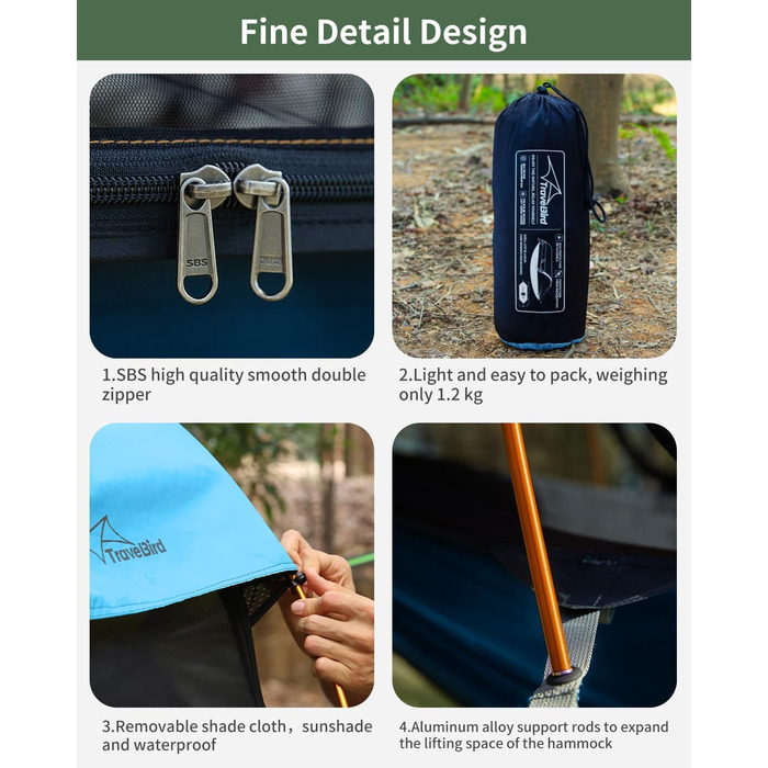 Гамак для кемпінгу 4-в-1 з москітною сіткою та знімним сонцезахистом, 290x140 см, для відпочинку на природі, пікніків, походів та подорожей, армійного кольору (106x55 см, блакитний)