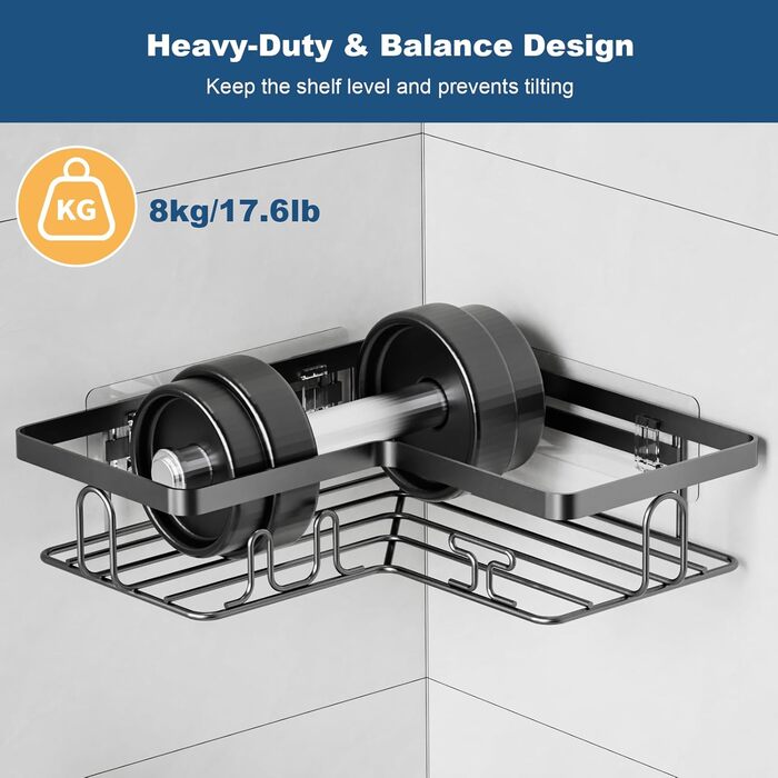 YEAUPE PRO Поличка для душу без свердління в кут – 5-елементний набір для ванної кімнати з 2 кутовими полицями, мильницею, тримачем для зубних щіток та кошиком, самоклеюча поличка на стіну, чорний кутовий кріплення