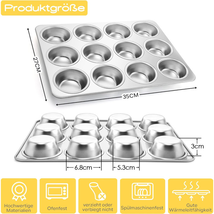 Joyfair Muffin Tin, Stainless Steel Muffin Pan for 12 Muffins, Muffin Baking Pans 35 x 27cm, Muffin Baking Pan for Cupcakes, Brownies, Pudding, Cake, Non-Toxic & Healthy, Oven & Dishwasher Safe
