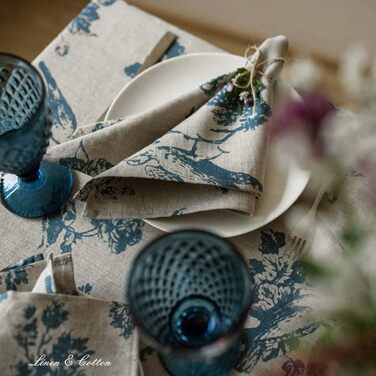 Linen & Cotton High-Quality Vintage 4 x Fabric Napkins Napkins Linen Napkins Flores with Floral Pattern - 100% Linen, Beige Blue (43 x 43 cm) for Home Kitchen Dining Room Decoration