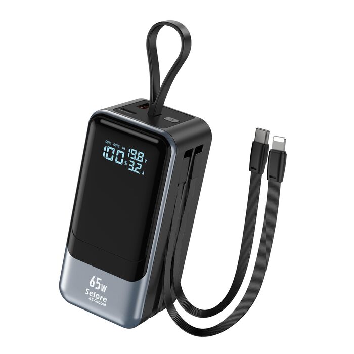 Повербанк Selore & S-Global 65W 18400mAh з вбудованими кабелями USB-C та Lightning, швидка зарядка PD для MacBook, iPhone 17/16/15, Samsung Galaxy S25, чорний
