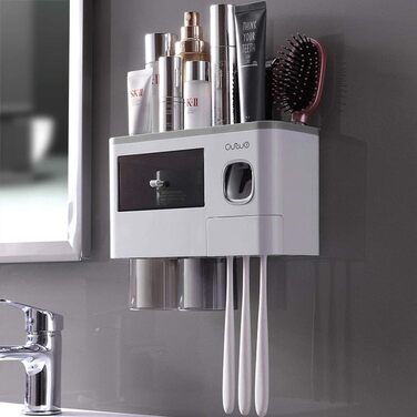 Automatic Toothpaste Dispenser Wall-Mounted, Space-Saving Toothbrush Holder for Bathroom, 2 Transparent Magnetic Cups, 6 Toothbrush Slots, 1 Cosmetic Organizer Drawer (2 Cups)