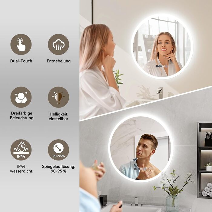 Дзеркало для ванної кімнати YOURLITE з підсвічуванням, діаметр 60 см, LED, сенсорне керування, 3 кольори світла, регулювання яскравості, антизапар, пам'ять, годинник, білий