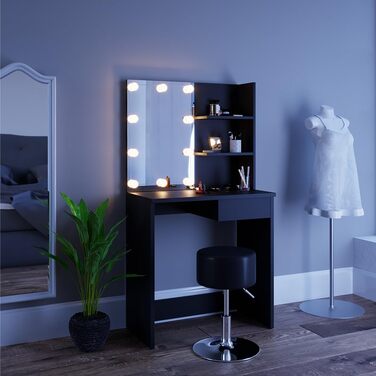 Vicco Vanity Table Decor, Black, 75 cm with LED Lighting and Stool