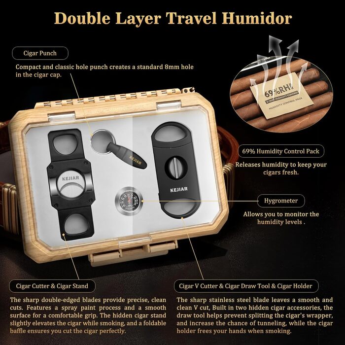 KEJIAR Вишуканий футляр для сигар з контролем вологості, набір інструментів для сигар (3 в 1, V-Cut, Straight Cut, штамп)