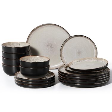 Набір посуду HaWare на 6 осіб, 18 предметів: тарілки, десертні тарілки, миски. З реактивною глазур’ю, стійкий до миття в посудомийній машині та використання в мікрохвильовій печі, бежевий колір.