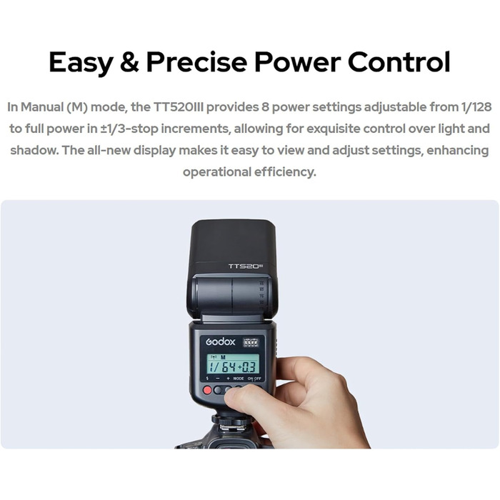 Спалах для камери Godox TT520III, швидка зарядка 1.8с, 400x потужність, сумісний з Canon, Nikon, Panasonic, Olympus, Pentax (без TTL)