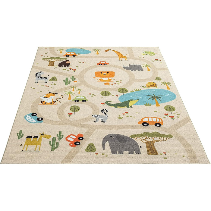 Дитячий килим Happy Life: ігровий килимок з малюнком дороги, джунглі, тварини та машинки, антиковзкий, бежевий 80x150 см