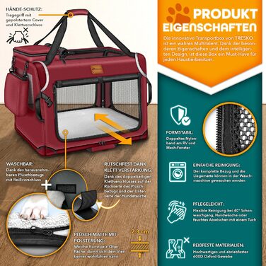 ТRESKO® Транспортна переноска для собак та котів, складана, з підкладкою, лопаткою та світловідбивачами, 50x34x34 см | Переноска для собак, велика, червона