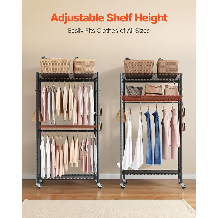 Вешалка для одягу VEVOR з 4 перекладинами, 8 гачками та 385,5 кг вантажопідйомністю, відкрита шафа для одягу, 3 полиці