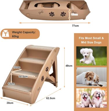 Сходинка для тварин SOARS: 4 сходинки, килимок з повсті, для котів та собак до 60 кг, антиковзаюча, для ліжка, авто, дивану (Коричневий)