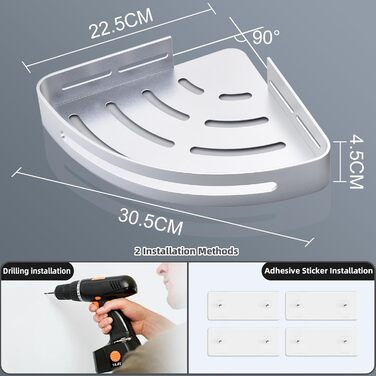 Поличка для душу без свердління, кутова поличка для ванної кімнати з алюмінію, трикутна корзина для душу з гачками, органайзер для шампуню, стійка до іржі (2 шт., піскоструминне золоте покриття) (Блискучий срібло)