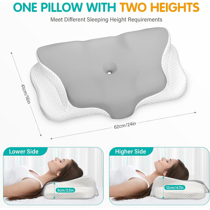 Подушка для шиї Ehomfory з піною Memory Foam, ергономічна подушка для сну на боці, спині та животі, 62x41x9/12 см, сіро-біла