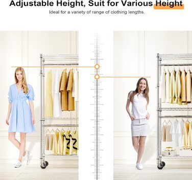 Міцний мобільний вішак для одягу з 3 рівнями, хромований. Штанга подвійна, гачки збоку, 40x75x189.3 см