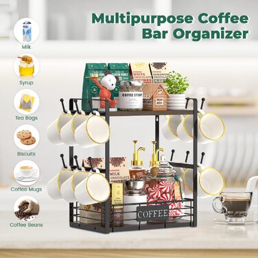 EsLuker.ly 2-Tier Mug Holder and Cup Stand, Mug Shelf for Coffee Cups, Coffee Organizer for Countertop, Coffee Station Organizer with Mug Holder, Vintage Brown-Black (14''H, Brown + Black)