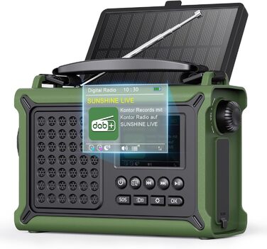 ROCAM Портативне радіо DAB+ з Bluetooth, 12000mAh, радіо з ручкою, сонячна панель 8500мм², 650mA, DAB/UKW, 2.4' дисплей, 80 станцій, LED ліхтарик, USB, SOS, IPX6, для надзвичайних ситуацій, зелене