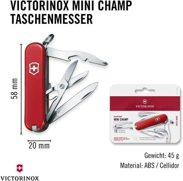 Мультитул Victorinox Mini Champ: 18 функцій, Swiss Made, з відкривачем листів, відкривачем пляшок, інструментом для зняття ізоляції, червоний