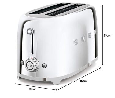 Тостер Smeg TSF02PBEU - 2 слоти для 4 скибочки хліба, 6 рівнів підсмажування, функція підігріву, розморожування та приготування багелів, знімний піддон, 1500W, пастельно-блакитний (сріблястий)