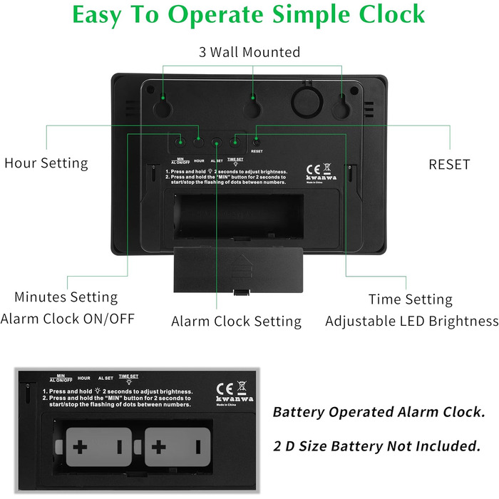 KWANWA Alarm Clock, 8-Inch Large Screen, Digital Battery-Powered Alarm Clock, Automatic Dimming Mode, Large Tick-Free Wall Clock, Table Clock for Bedroom, Office, Living Room, Seniors, 12-Hour Mode
