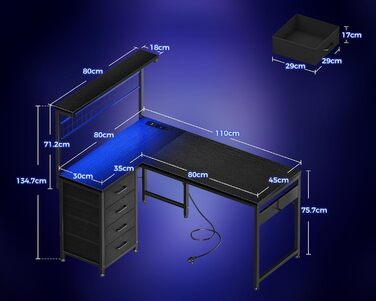 Ігровий стіл Coleshome з LED підсвічуванням, 110x80 см. Реверсивний стіл з шухлядами та розетками, кутовий стіл з полицею та місцем для зберігання, чорний