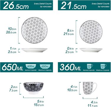 Набір посуду Vancasso Haruka 16 предметів: тарілки для їжі (26.5 см), десертні тарілки (21.5 см), миски для каші (15.2 см) та чашки (360 мл) чорного та кремового кольорів