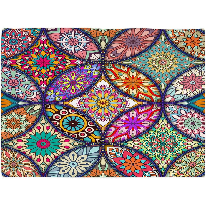 Скатертина лляна Violetpos 140x180 см, легкий догляд, водовідштовхувальна, бохо стиль, індійський візерунок, мозаїка, для столу