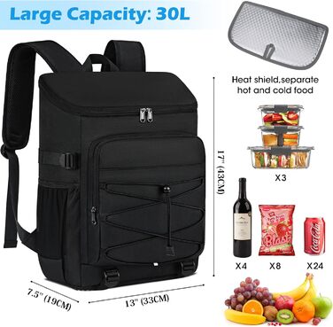 NUBILY 30L Insulated Cooler Backpack - Waterproof Cooler Bag Backpack - Large Insulated Cooler Bag - Thermo Lunch Bag for Camping, Outdoor Activities, Travel, BBQ, Hiking - Black