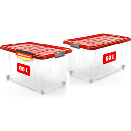 BigDean 2-Piece 60L Storage Box with Lid, Large Transparent - Stackable, Robust Box, BPA-Free - Rollable Stack Box with Secure Snap Closures - Made in Germany (Red Transparent)