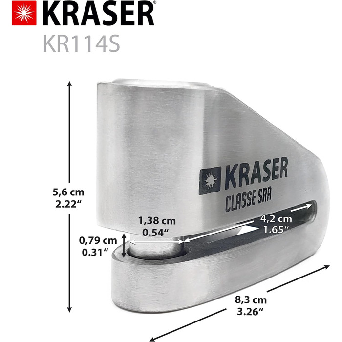 Замок на гальмівний диск KRASER KR114S для мотоцикла з сертифікатом SRA, протиугінний, подвійний замок 14 мм, 3 ключі, нагадувальний кабель, нержавіюча сталь