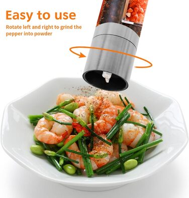 Мельниця для солі та перцю з керамічним жорном, сталеве маточне колесо, регулювання помелу, скло та нержавіюча сталь
