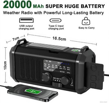 Радіостанція Leaton з ручним заводом, NOAA, AM/FM, 20000 mAh | Сонячна Power Bank, USB-C, ліхтарик, SOS-сигнал для кемпінгу та надзвичайних ситуацій (Чорний)