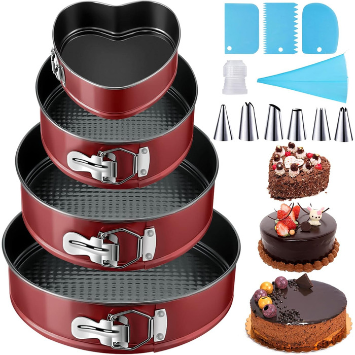 Форма для випічки Tonsooze Springform: 12/18/22/26 см, з антипригарним покриттям, з насадками та силіконовою формою для мафінів, червона