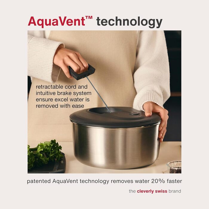 Салатозламач Zyliss Easy Spin з нержавіючої сталі, 6 л, з мотузковим приводом, миска для салатів з кришкою, BPA-free, неслизьке дно, AquaVent™-технологія, кнопка стоп, придатний для миття в посудомийній машині